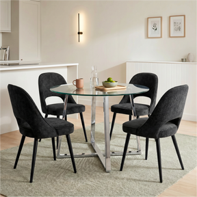[Black | Clear] Kyvon round glass dining set with 110cm round table, chrome legs and 4 black chairs in a dining room