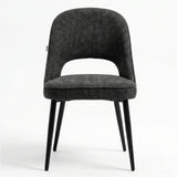 [Black | Tinted] Kyvon black upholstered fabric comfy dining chair front view with black metal legs