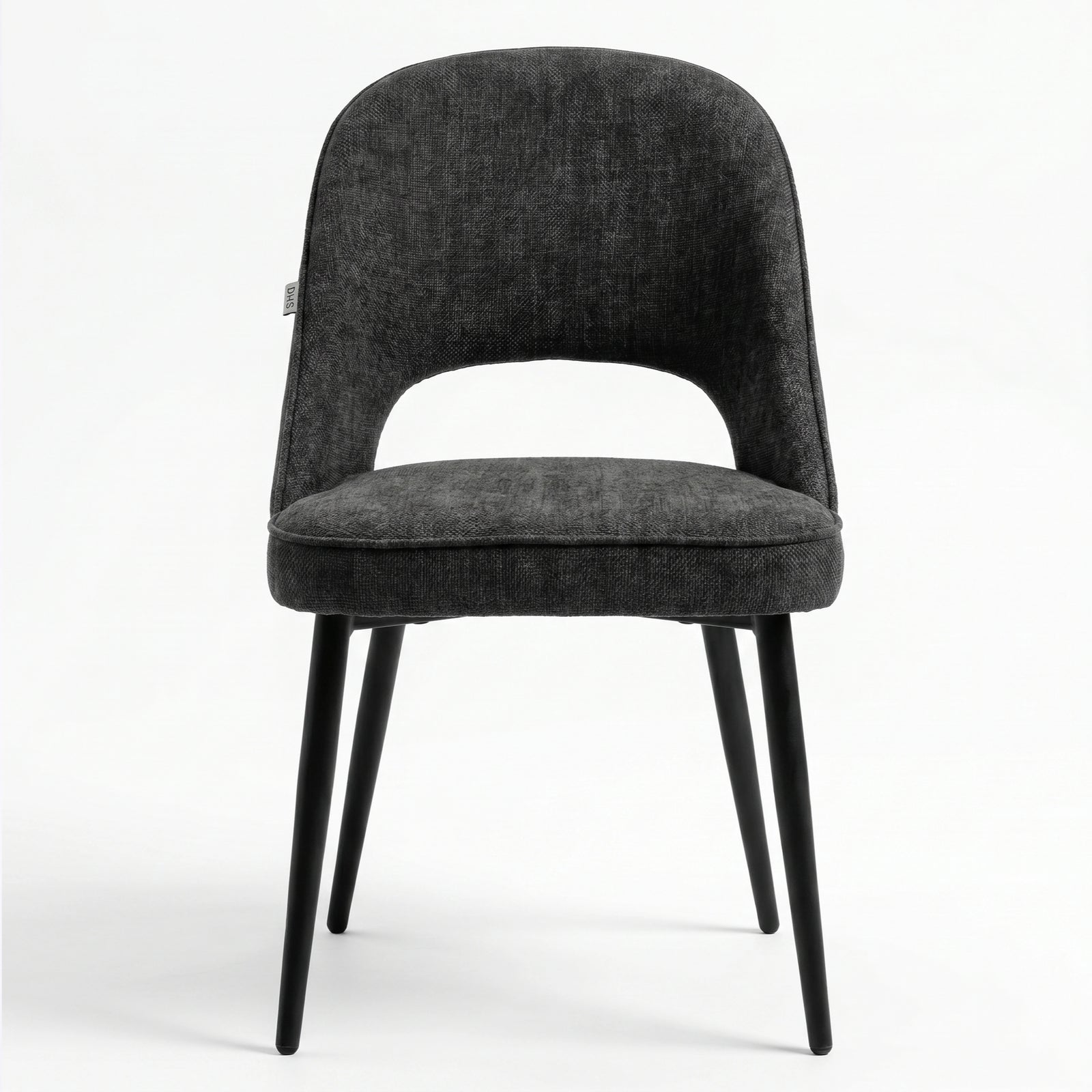 [Black | Tinted] Kyvon black upholstered fabric comfy dining chair front view with black metal legs