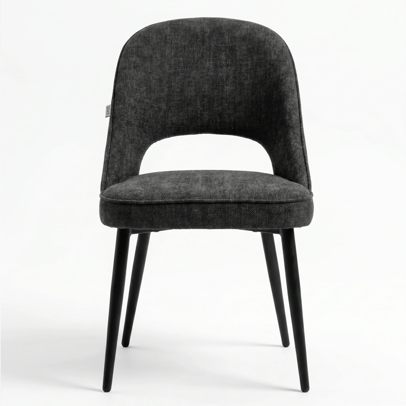 [Black | Tinted] Kyvon black upholstered fabric comfy dining chair front view with black metal legs