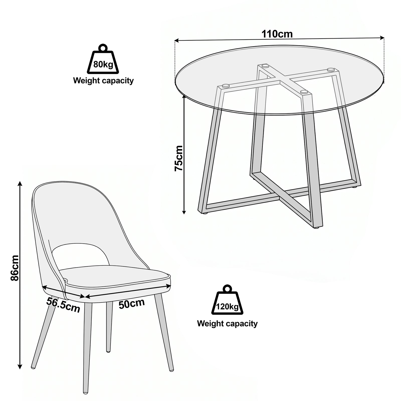 [Black | Tinted] Kyvon size guide graphic showing 110cm round tabletop x 75H and chair 50W x 56.5D x 86H cm