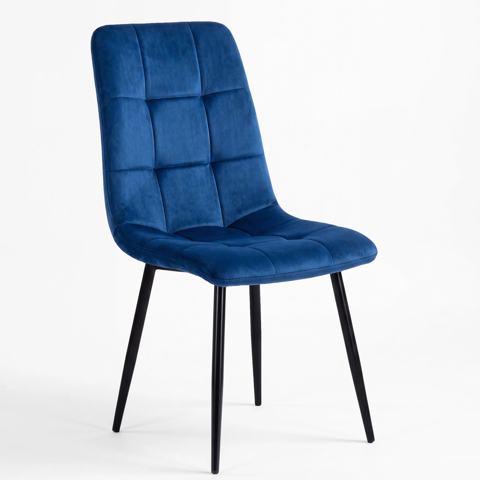 [Blue | Black Wood] Kyvon round dining table chair, armless blue velvet seat with square tufting