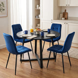[Blue | Black Wood] Kyvon round dining table set in kitchen dining corner with four blue velvet chairs