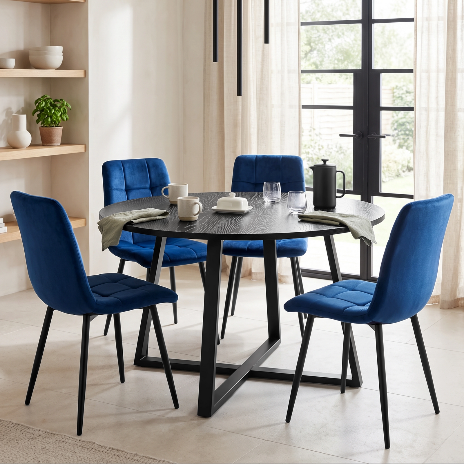 [Blue | Black Wood] Kyvon round dining table set in windowed dining room with four blue velvet chairs