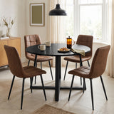 [Brown | Black Wood] Kyvon round dining table set in bright dining room with four brown suede chairs