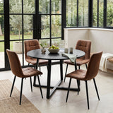 [Brown | Black Wood] Kyvon round dining table set in windowed dining area with four brown suede chairs