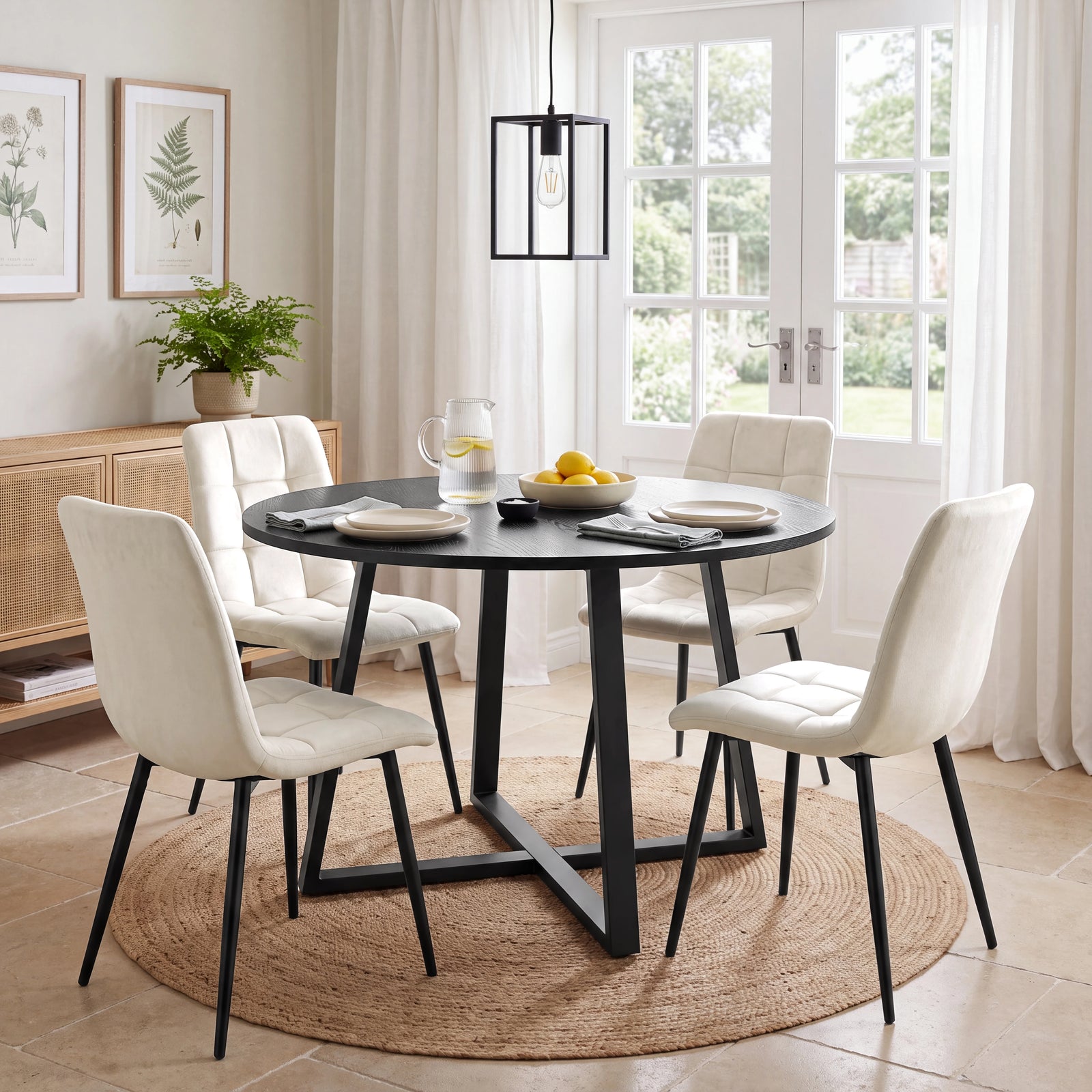 [Cream | Black Wood] Kyvon round dining table set with 4 cream velvet chairs in a dining room