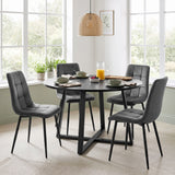 [Dark Grey | Black Wood] Kyvon round dining table set with 4 dark grey velvet chairs in a dining room