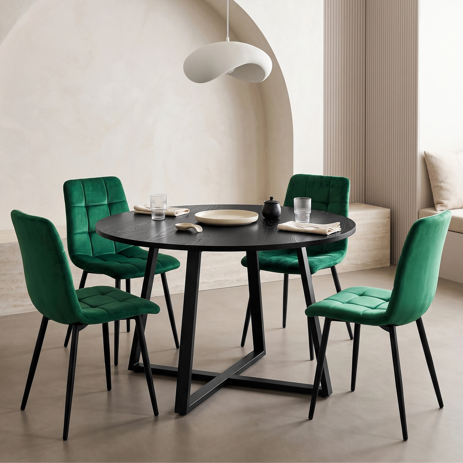 [Green | Black Wood] Kyvon round dining table set with 4 green velvet chairs in a styled dining room
