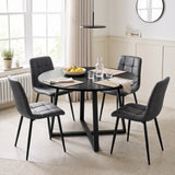 [Grey | Black Wood] Kyvon round dining table set with 4 grey suede chairs in a dining room
