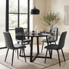 [Grey | Black Wood] Kyvon round dining table set with 4 grey suede chairs in a styled dining room