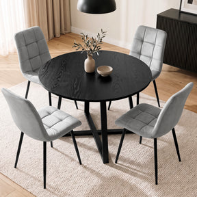 [Light Grey | Black Wood] Kyvon round dining table set in bright kitchen dining corner with four light grey velvet chairs
