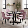 [Pink | Black Wood] Kyvon round dining table set in brick-wall window dining corner with four pink velvet chairs