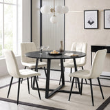 [Cream | Black Wood] Kyvon round dining table set with 4 cream velvet chairs in a styled dining room