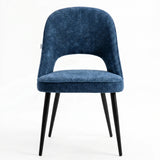 [Blue | Clear] Kyvon blue upholstered fabric comfy curve chair front view with rounded back and cushioned seat