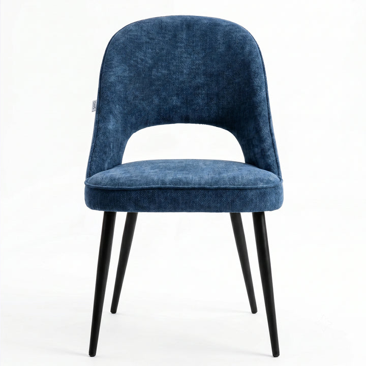 [Blue | Clear] Kyvon blue upholstered fabric comfy curve chair front view with rounded back and cushioned seat