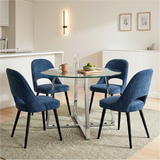 [Blue | Clear] Kyvon round glass dining set with 110cm round table, chrome legs and 4 blue chairs in a dining room
