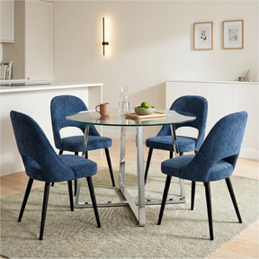 [Blue | Clear] Kyvon round glass dining set with 110cm round table, chrome legs and 4 blue chairs in a dining room