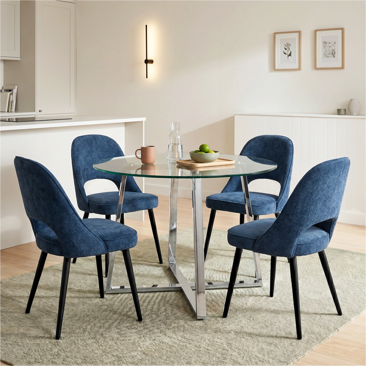 [Blue | Clear] Kyvon round glass dining set with 110cm round table, chrome legs and 4 blue chairs in a dining room