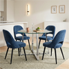 [Blue] Kyvon round glass dining set with 110cm round table, chrome legs and 4 blue chairs in a dining room