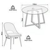 [Blue] Kyvon size guide graphic showing 110cm round tabletop x 75H and chair 50W x 56.5D x 86H cm