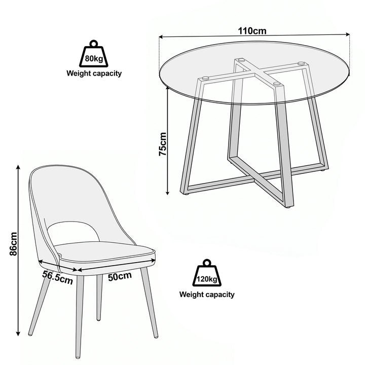 [Blue] Kyvon size guide graphic showing 110cm round tabletop x 75H and chair 50W x 56.5D x 86H cm