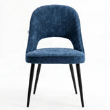 [Blue | Tinted] Kyvon blue upholstered fabric comfy dining chair front view with black metal legs