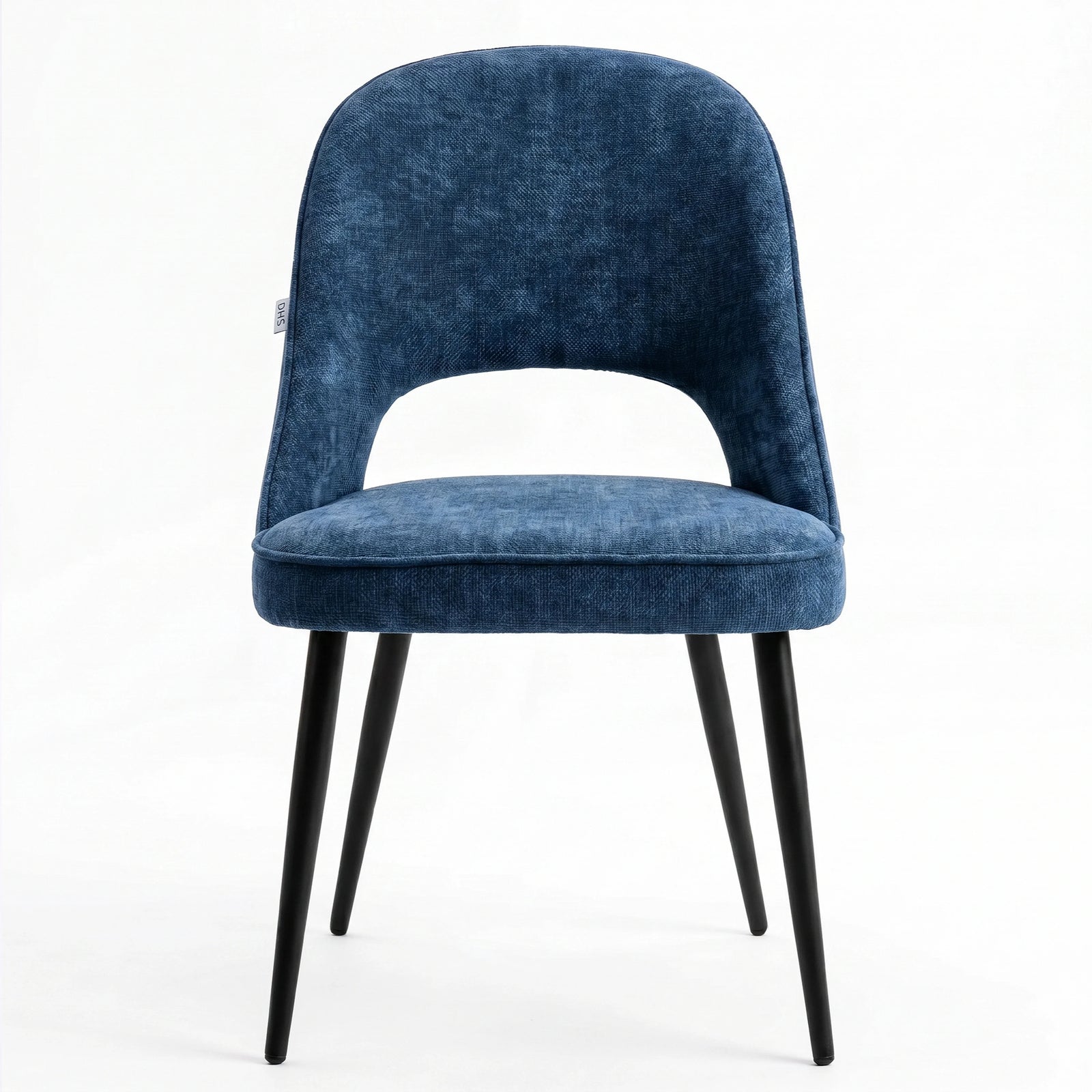 [Blue | Tinted] Kyvon blue upholstered fabric comfy dining chair front view with black metal legs