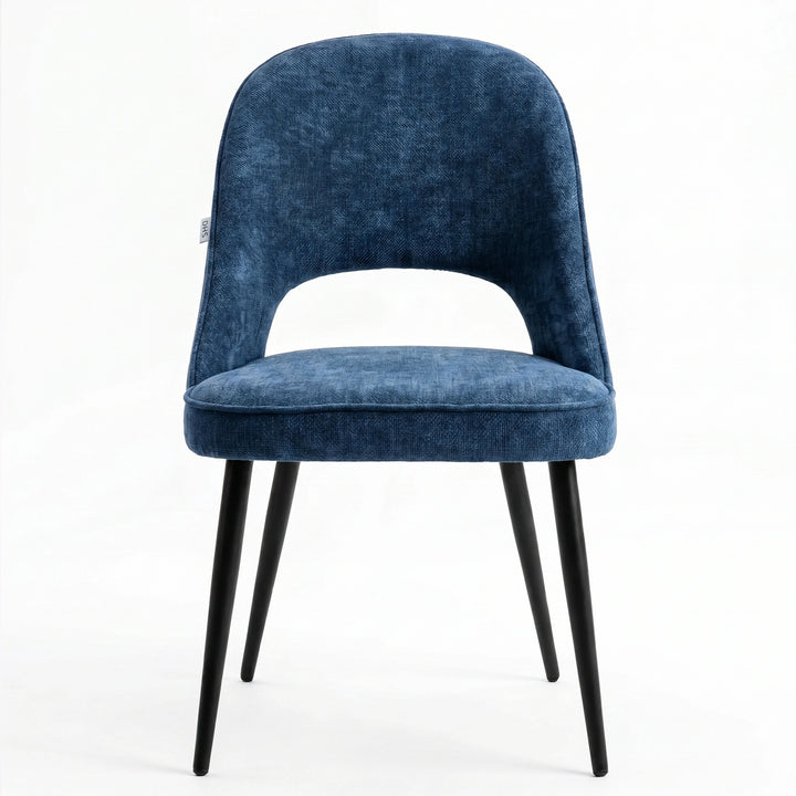 [Blue | Tinted] Kyvon blue upholstered fabric comfy dining chair front view with black metal legs