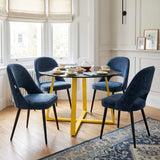 [Blue | Tinted] Kyvon 4 seater round glass dining set with Tinted tabletop, gold legs and blue chairs in a dining room