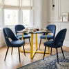 [Blue | Tinted] Kyvon 4 seater round glass dining set with Tinted tabletop, gold legs and blue chairs in a dining room