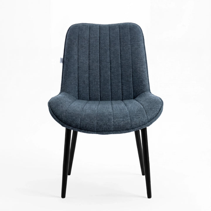 [Blue] Kyvon blue upholstered fabric vertical dining chair front view with black metal legs