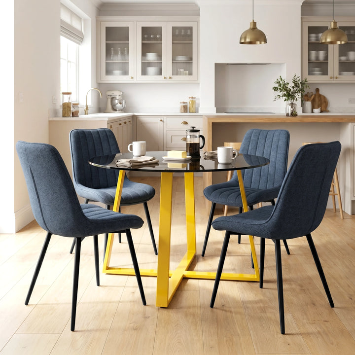 [Blue] Kyvon 4-seater round glass dining set with blue chairs in a dining room