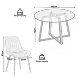 [Vertical Blue | Tinted] Kyvon size guide graphic showing 110cm round top x 75H and chair 53W x 60D x 87H cm