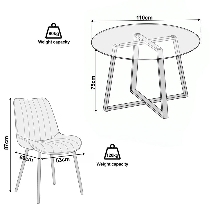 [Blue] Kyvon size guide graphic showing 110cm round top x 75H and chair 53W x 60D x 87H cm