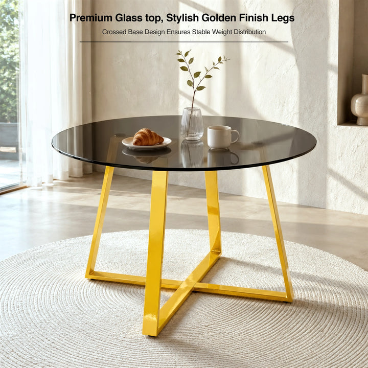 [Blue] Kyvon 110cm round table graphic; text reads "Premium Glass top, Stylish Golden Finish Legs"