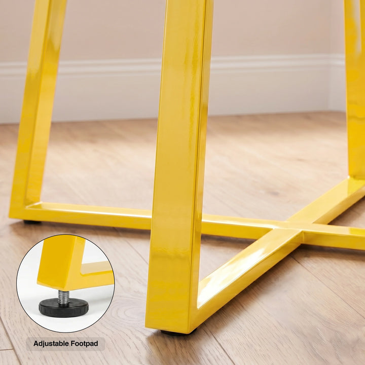 [Blue] Kyvon gold finish table legs close-up graphic with inset text reading "Adjustable Footpad"