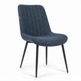 [Vertical Blue | Clear] Kyvon blue upholstered fabric channeled stitched dining chair angled view with black metal legs