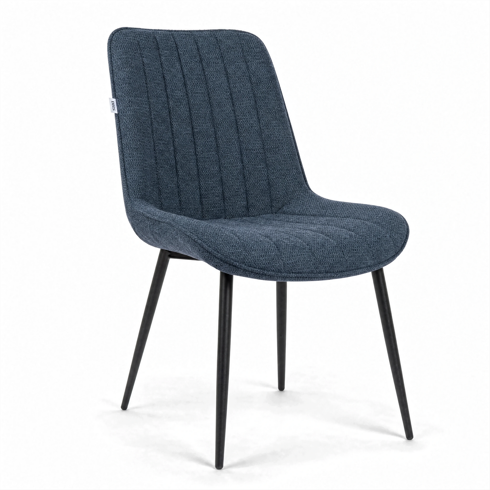 [Vertical Blue | Clear] Kyvon blue upholstered fabric channeled stitched dining chair angled view with black metal legs