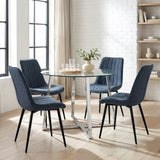 [Vertical Blue | Clear] Kyvon dining set with 110cm round table, chrome legs and 4 blue chairs in dining room