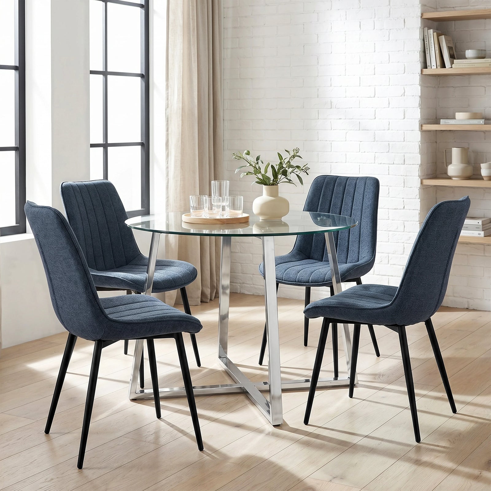 [Vertical Blue | Clear] Kyvon dining set with 110cm round table, chrome legs and 4 blue chairs in dining room