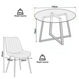 [Vertical Blue | Clear] Kyvon size guide graphic showing 110cm round tabletop x 75H and chair 53W x 60D x 87H cm