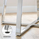 [Vertical Blue | Clear] Kyvon chrome finish table legs close-up graphic with inset text reading "Adjustable Footpad"