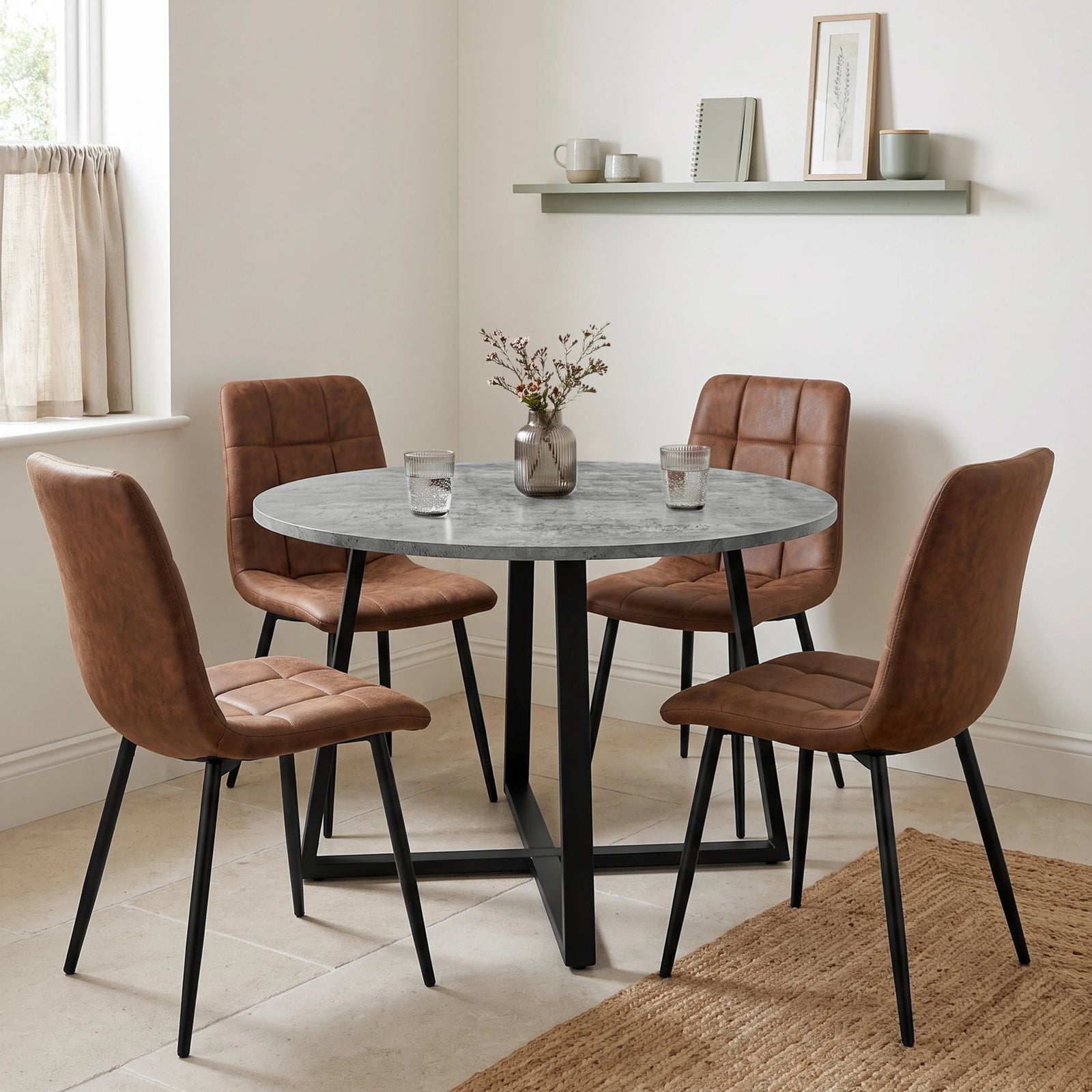 [Brown Suede] Kyvon round dining table set in bright dining room with four brown suede chairs