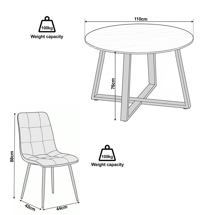 [Brown Suede] Kyvon round dining table set size guide with table and chair dimensions
