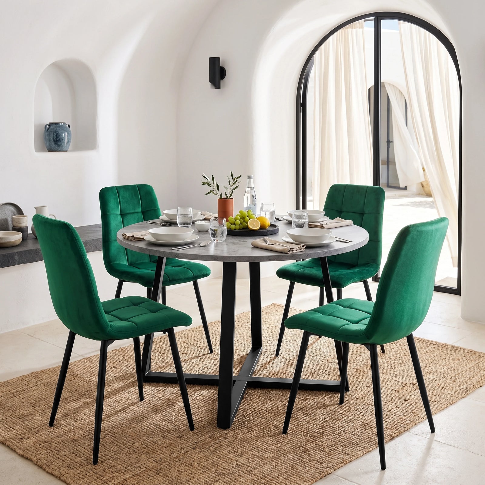 [Green Velvet] Kyvon round dining table set in arched mirror dining corner with four green velvet chairs