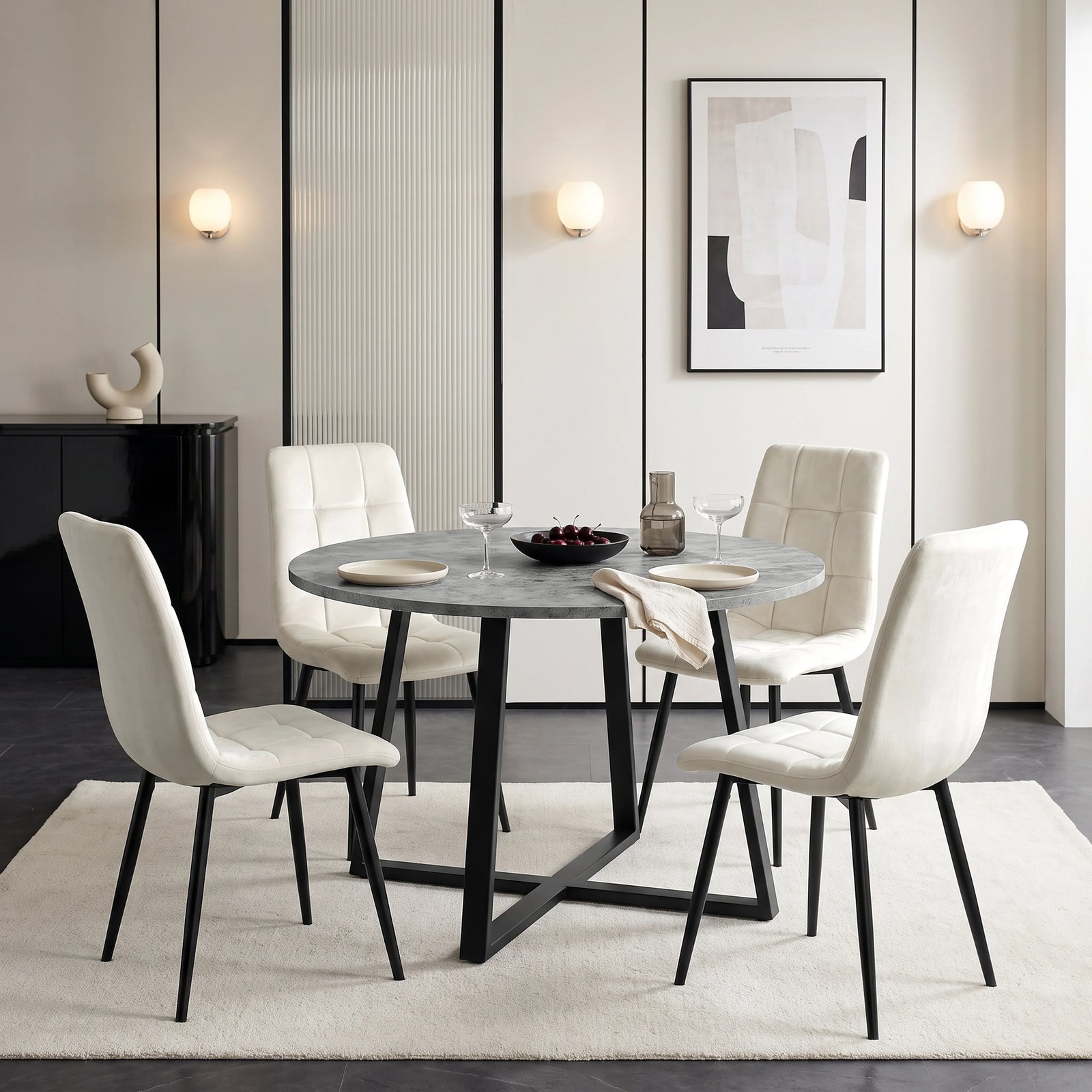 [Cream Velvet] Kyvon round dining table set with 4 cream velvet chairs in a dining room
