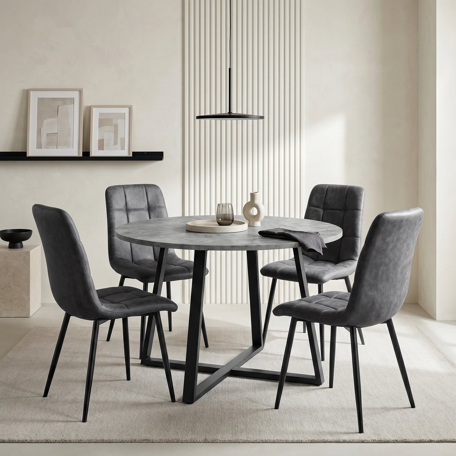 [Grey Suede] Kyvon round dining table set with 4 grey suede chairs in a styled room