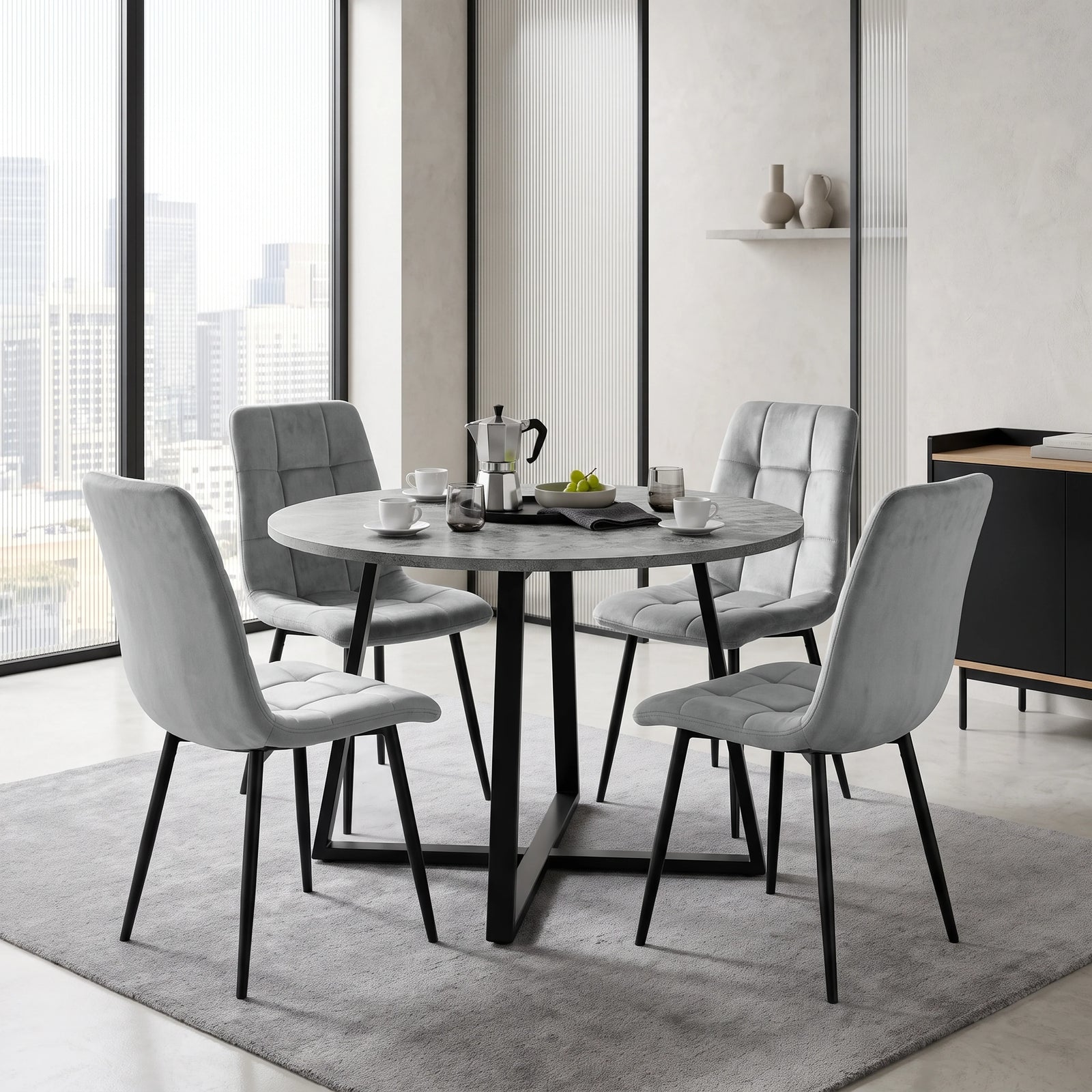 [Light Grey Velvet] Kyvon round dining table set with 4 light grey velvet chairs in a dining room