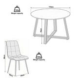 [Light Grey Velvet]  Kyvon round dining table set size guide with table and chair dimensions